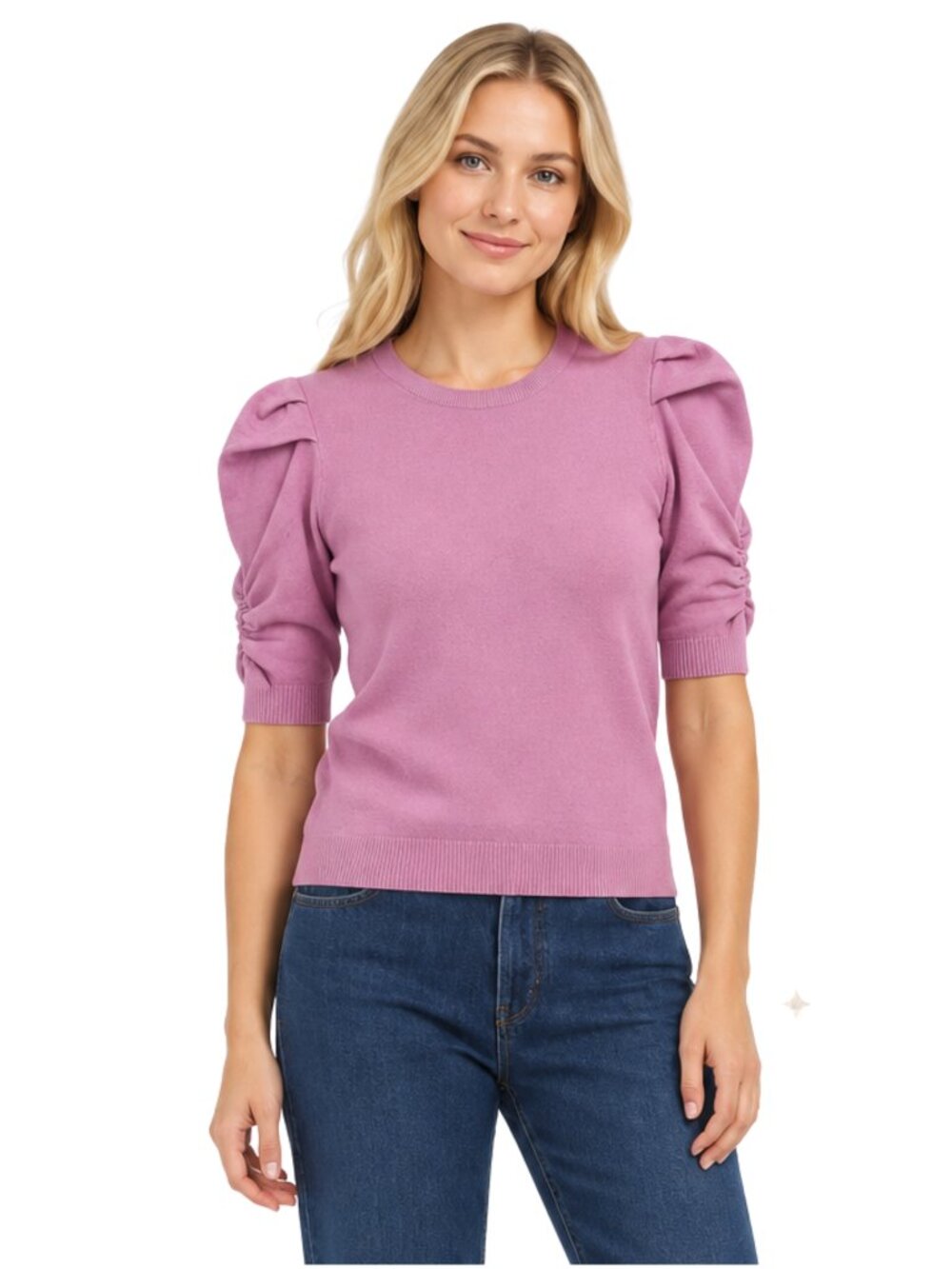 BCBG Violet Pink Ruched Puff Sleeve Knit Sweater Top Size L NWT